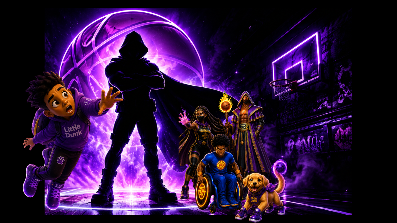 Dunkiverse heroes entering a glowing basketball universe
